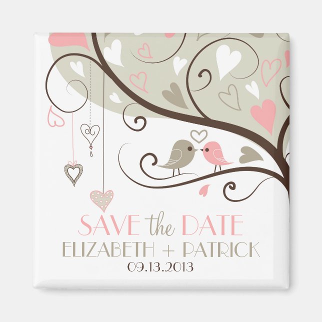 Grey and Pink Cute Love Birds Save the Date Magnet (Front)