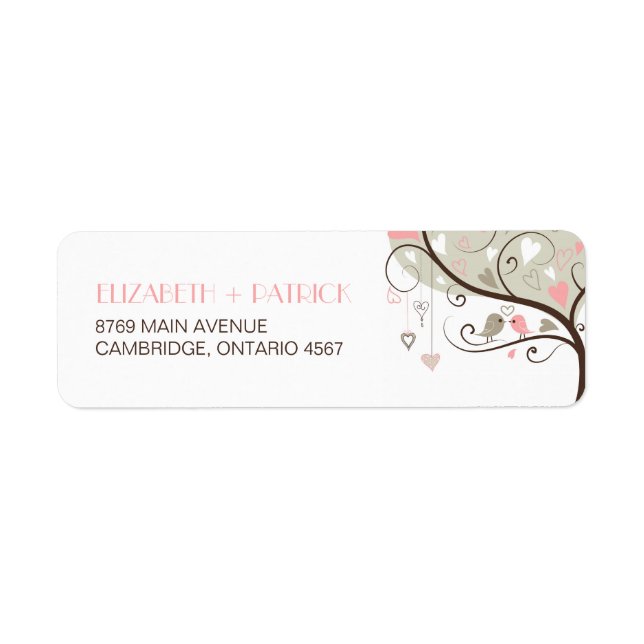 Grey and Pink Cute Lovebirds Wedding Address Label (Front)