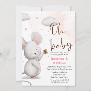 Grey and Pink Cute Mouse Girl Baby Shower Invitation