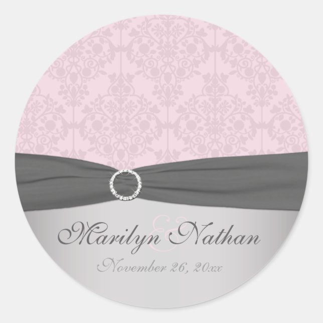 Grey and Pink Damask 1.5" Round Sticker (Front)