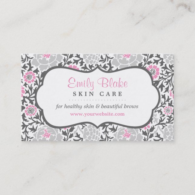 Grey and Pink Floral Damask Appointment Card (Front)