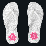 Grey and Pink Floral Damask Monogram Flip Flops<br><div class="desc">Custom printed flip flop sandals with a stylish elegant floral damask pattern and your custom monogram or other text in a circle frame. Click Customise It to change text fonts and colours or add your own images to create a unique one of a kind design!</div>