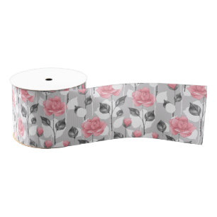 Grey and pink. Floral pattern Grosgrain Ribbon