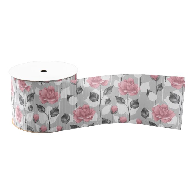 Grey and pink. Floral pattern Grosgrain Ribbon (Spool)
