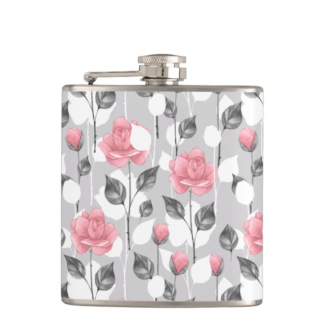 Grey and pink. Floral pattern Hip Flask (Front)