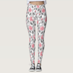 Grey and pink. Floral pattern Leggings
