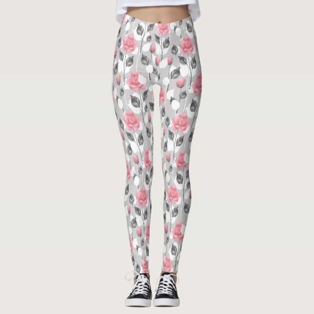 Grey and pink. Floral pattern Leggings (Front)