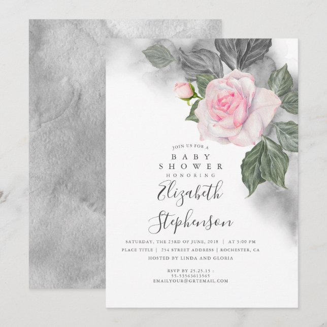 Grey and Pink Floral Watercolor Baby Shower Invitation (Front/Back)
