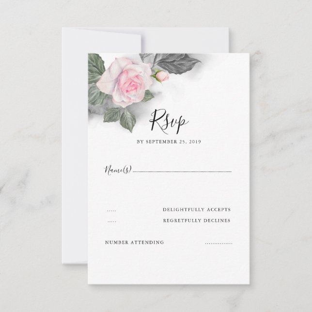 Grey and Pink Floral Wedding RSVP Card (Front)