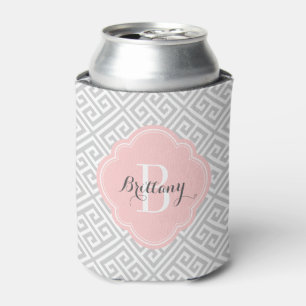 Grey and Pink Greek Key Monogram Can Cooler