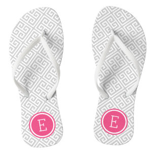 Grey and Pink Greek Key Monogram Flip Flops