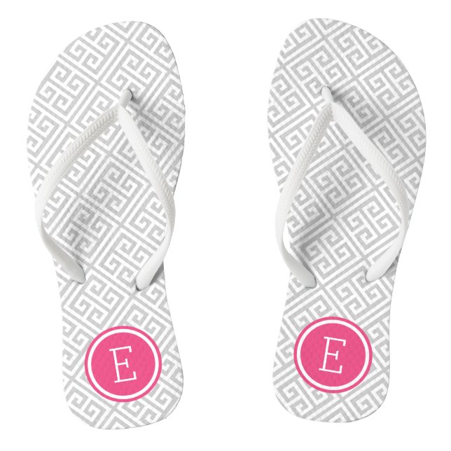 Grey and Pink Greek Key Monogram Flip Flops (Footbed)