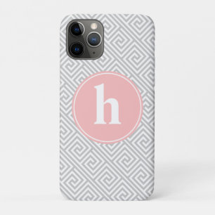Grey and Pink Greek Key Pattern Monogram iPhone 11 Pro Case
