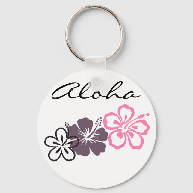 grey and pink hibiscus Hawaiian  theme Key Ring (Front)