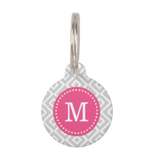 Grey and Pink Ikat Diamonds Monogram Pet Tag