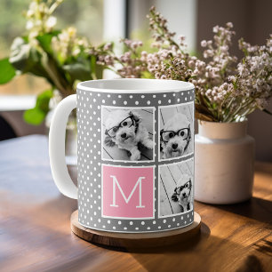 Grey and Pink Instagram 5 Photo Collage Monogram Coffee Mug