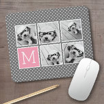 Grey and Pink Instagram 5 Photo Collage Monogram Mouse Mat<br><div class="desc">Pastel and White Polka Dot Pattern - Use five square photos to create a unique and personal gift. Or you can keep the hipster puppy and make a trendy keepsake. If you need to adjust the pictures,  click on the customise tool to make changes.</div>