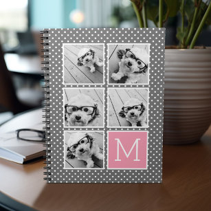 Grey and Pink Instagram 5 Photo Collage Monogram Notebook