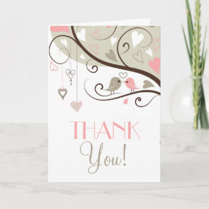 Grey and Pink Love Birds Wedding Thank You Card