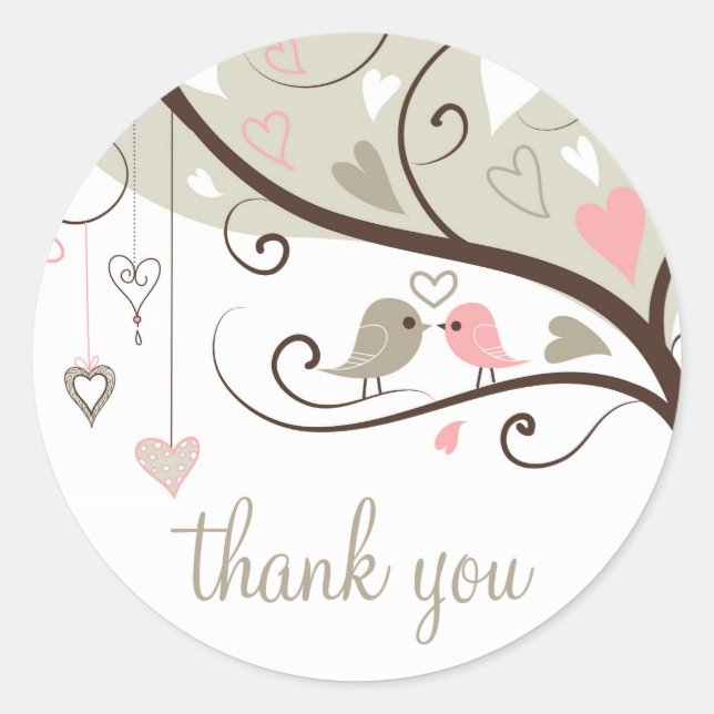 Grey and Pink Love Birds Wedding Thank You Sticker (Front)