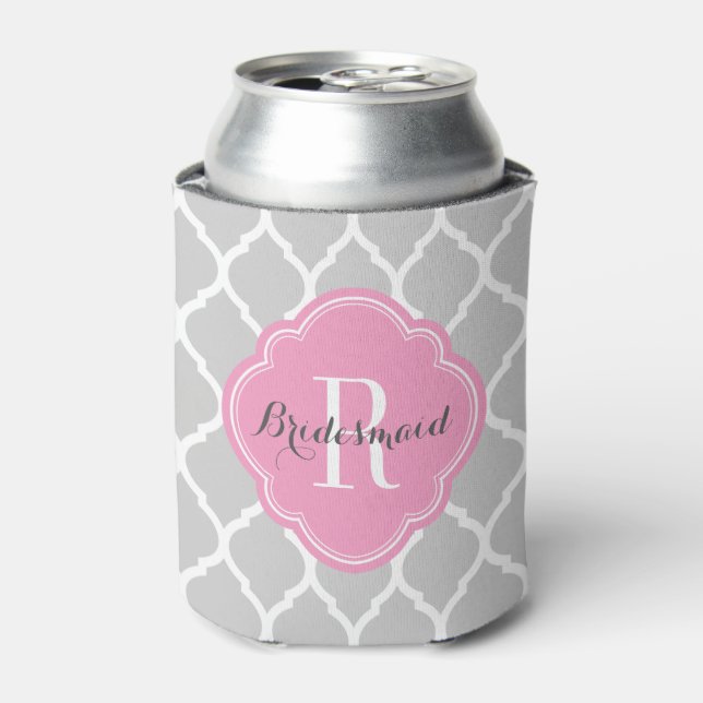 Grey and Pink Moroccan Quatrefoil Monogram Can Cooler (Can Front)