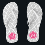 Grey and Pink Moroccan Quatrefoil Monogram Flip Flops<br><div class="desc">Custom printed flip flop sandals with a stylish Moroccan quatrefoil pattern and your custom monogram or other text in a circle frame. Click Customise It to change text fonts and colours or add your own images to create a unique one of a kind design!</div>