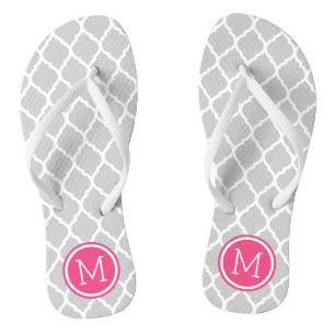 Grey and Pink Moroccan Quatrefoil Monogram Flip Flops