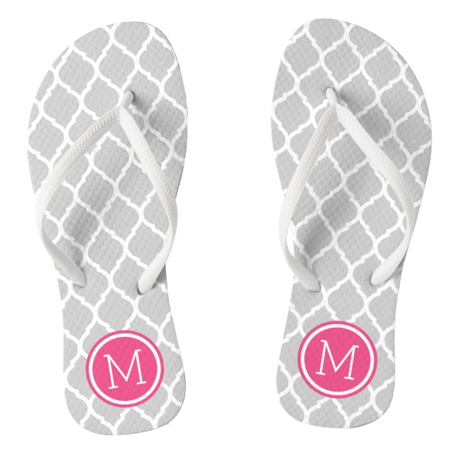 Grey and Pink Moroccan Quatrefoil Monogram Flip Flops (Footbed)
