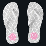 Grey and Pink Moroccan Quatrefoil Monogram Flip Flops<br><div class="desc">Custom printed flip flop sandals with a stylish Moroccan quatrefoil pattern and your custom monogram or other text in a circle frame. Click Customise It to change text fonts and colours or add your own images to create a unique one of a kind design!</div>