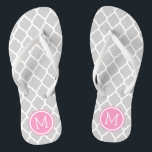 Grey and Pink Moroccan Quatrefoil Monogram Flip Flops<br><div class="desc">Custom printed flip flop sandals with a stylish Moroccan quatrefoil pattern and your custom monogram or other text in a circle frame. Click Customise It to change text fonts and colours or add your own images to create a unique one of a kind design!</div>