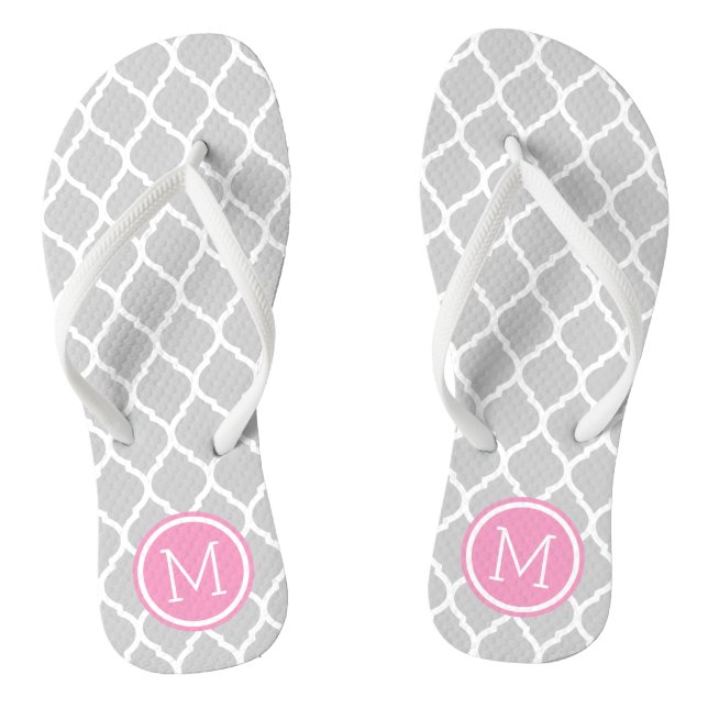 Grey and Pink Moroccan Quatrefoil Monogram Flip Flops (Footbed)