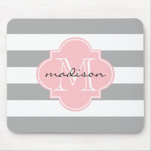 Grey and Pink Nautical Stripes Custom Monogram Mouse Mat