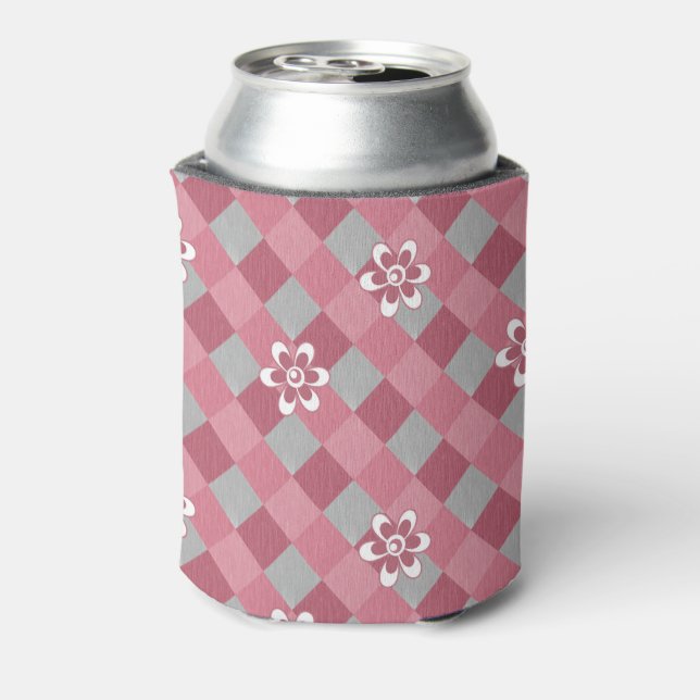 Grey and pink plaid with chamomile flowers can cooler (Can Back)