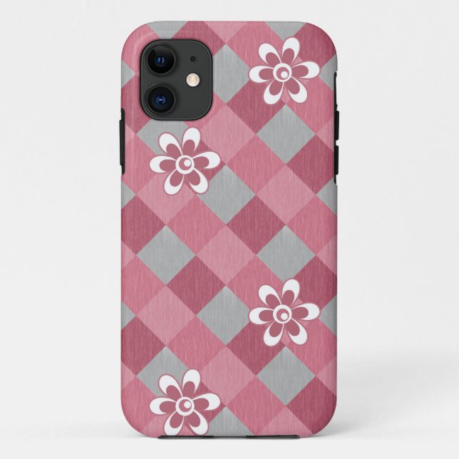 Grey and pink plaid with chamomile flowers Case-Mate iPhone case (Back)