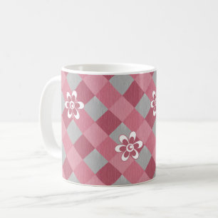 Grey and pink plaid with chamomile flowers coffee mug