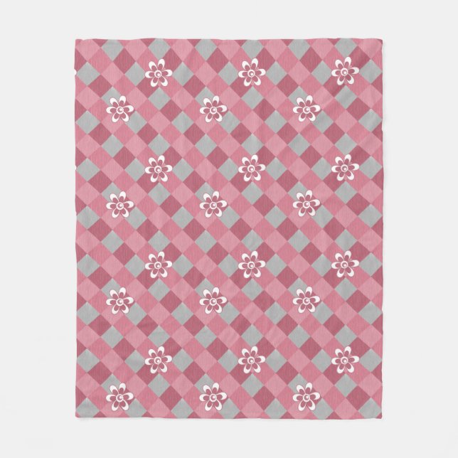 Grey and pink plaid with chamomile flowers fleece blanket (Front)