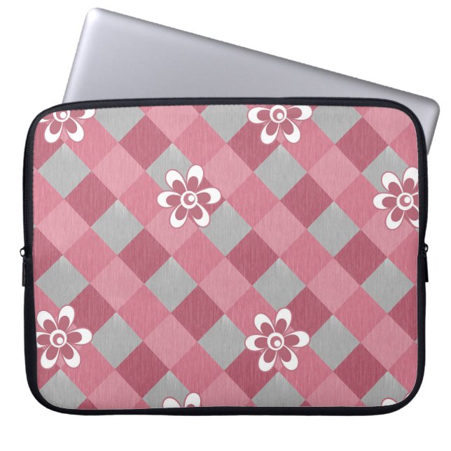 Grey and pink plaid with chamomile flowers laptop sleeve (Front)