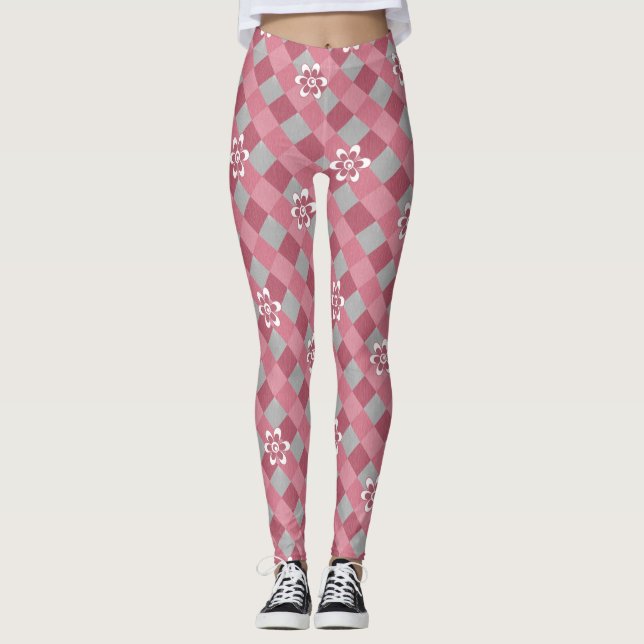 Grey and pink plaid with chamomile flowers leggings (Front)