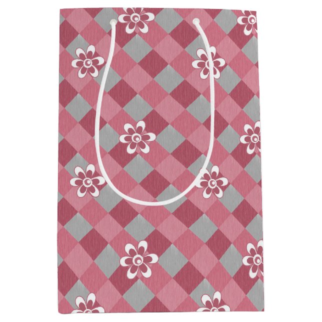 Grey and pink plaid with chamomile flowers medium gift bag (Front)