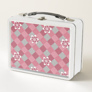 Grey and pink plaid with chamomile flowers metal lunch box
