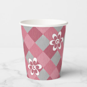 Grey and pink plaid with chamomile flowers paper cups
