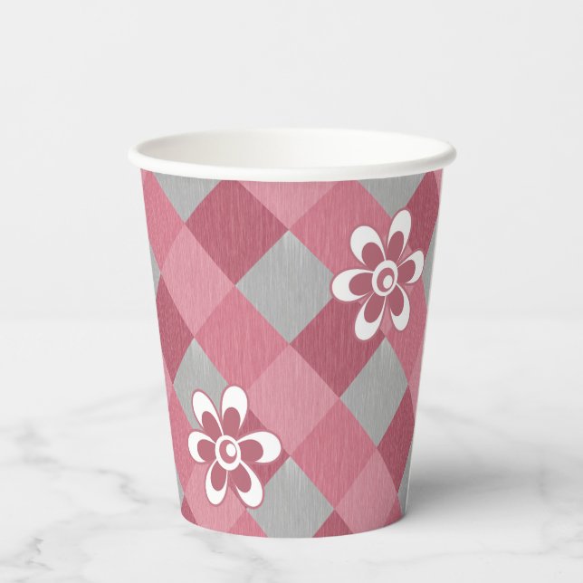 Grey and pink plaid with chamomile flowers paper cups (Back)