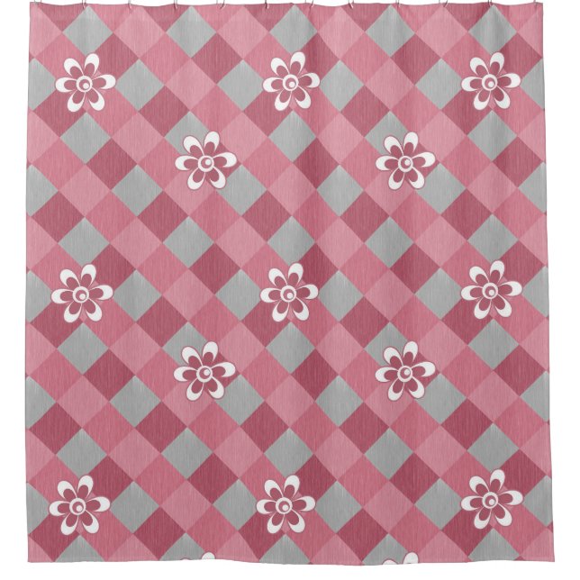 Grey and pink plaid with chamomile flowers shower curtain (Front)