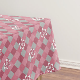 Grey and pink plaid with chamomile flowers tablecloth