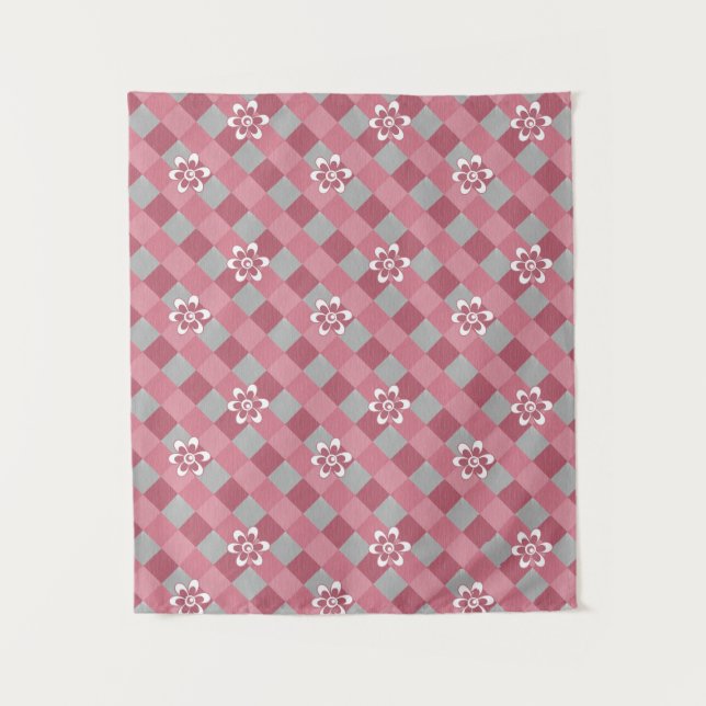 Grey and pink plaid with chamomile flowers tapestry (Front)
