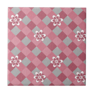 Grey and pink plaid with chamomile flowers tile