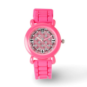 Grey and pink plaid with chamomile flowers watch