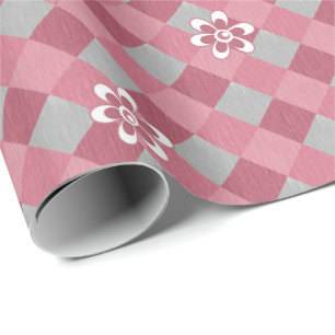 Grey and pink plaid with chamomile flowers wrapping paper