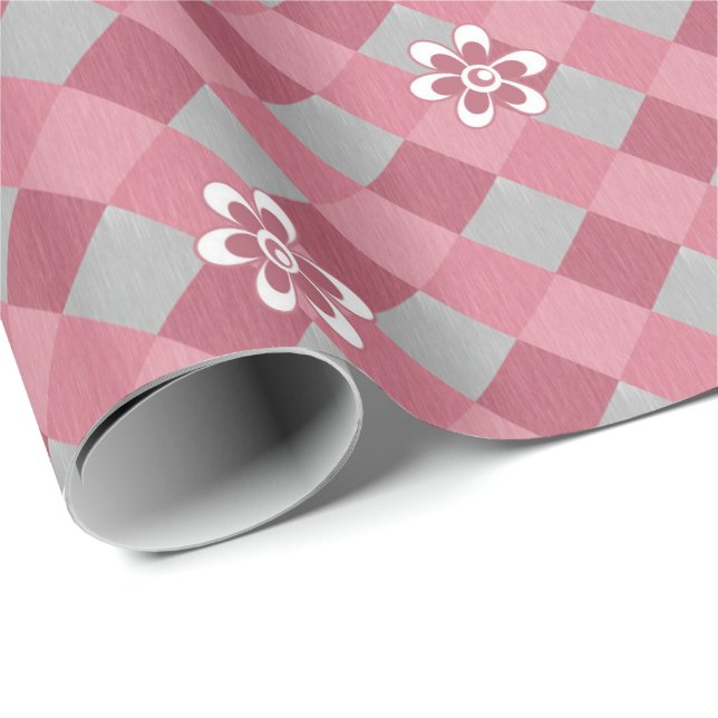 Grey and pink plaid with chamomile flowers wrapping paper (Roll Corner)