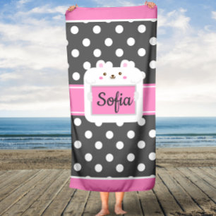 Grey and Pink polka Dots Kitty Kids Custom Towel